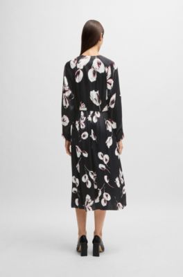 Satin V-neck dress with tulip print, Patterned