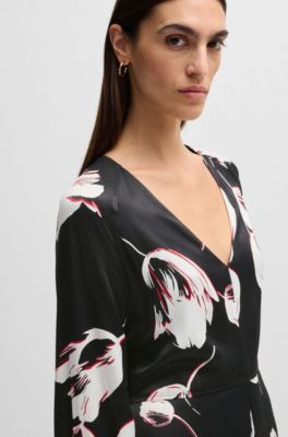 Satin V-neck dress with tulip print, Patterned