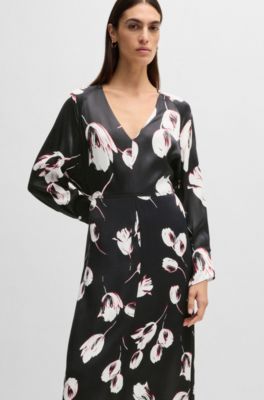 Satin V-neck dress with tulip print, Patterned