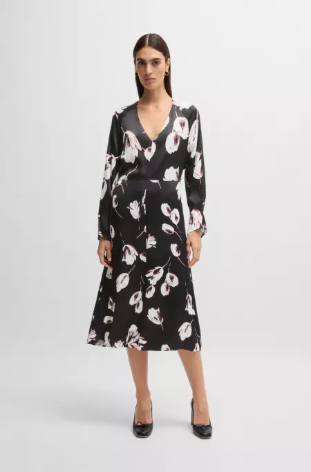 Satin V-neck dress with tulip print