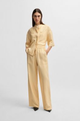 Wide-leg drawcord trousers in soft twill, Light Beige