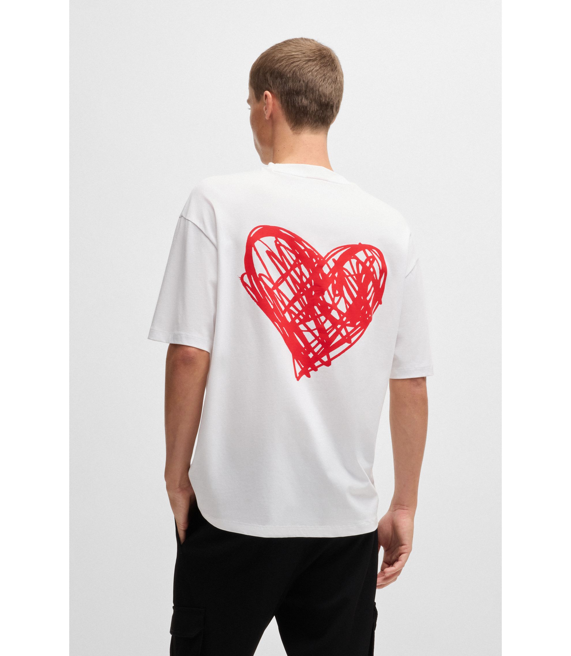HUGO - Cotton-jersey T-shirt with heart artwork - White