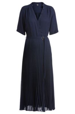 Robe &agrave; ceinture et jupe pliss&eacute;e, Bleu fonc&eacute;