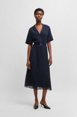 Robe &agrave; ceinture et jupe pliss&eacute;e, Bleu fonc&eacute;