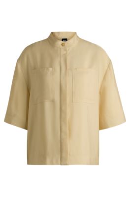 Relaxed-fit blouse in soft twill with stand collar, Light Beige