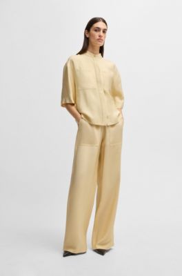 Relaxed-fit blouse in soft twill with stand collar, Light Beige