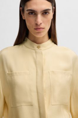 Relaxed-fit blouse in soft twill with stand collar, Light Beige