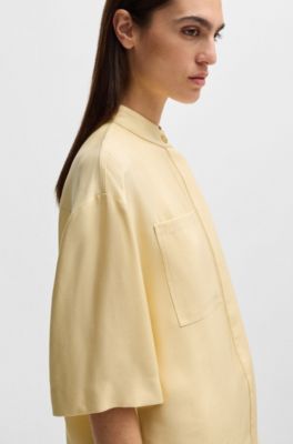 Relaxed-fit blouse in soft twill with stand collar, Light Beige