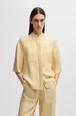 Relaxed-fit blouse in soft twill with stand collar, Light Beige