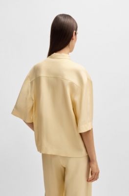 Relaxed-fit blouse in soft twill with stand collar, Light Beige