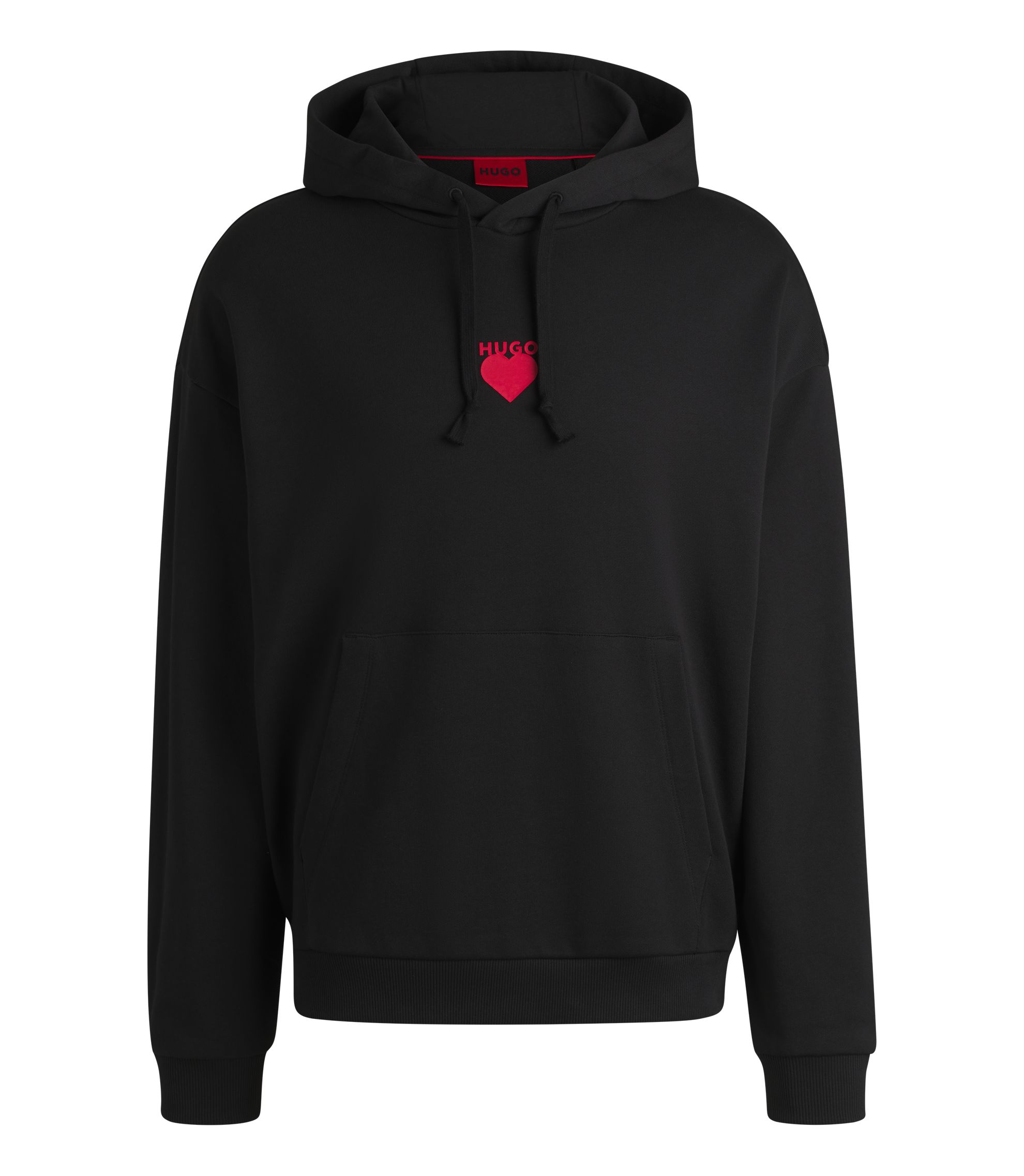 HUGO - Cotton-terry hoodie with slogan and heart graphics - Black
