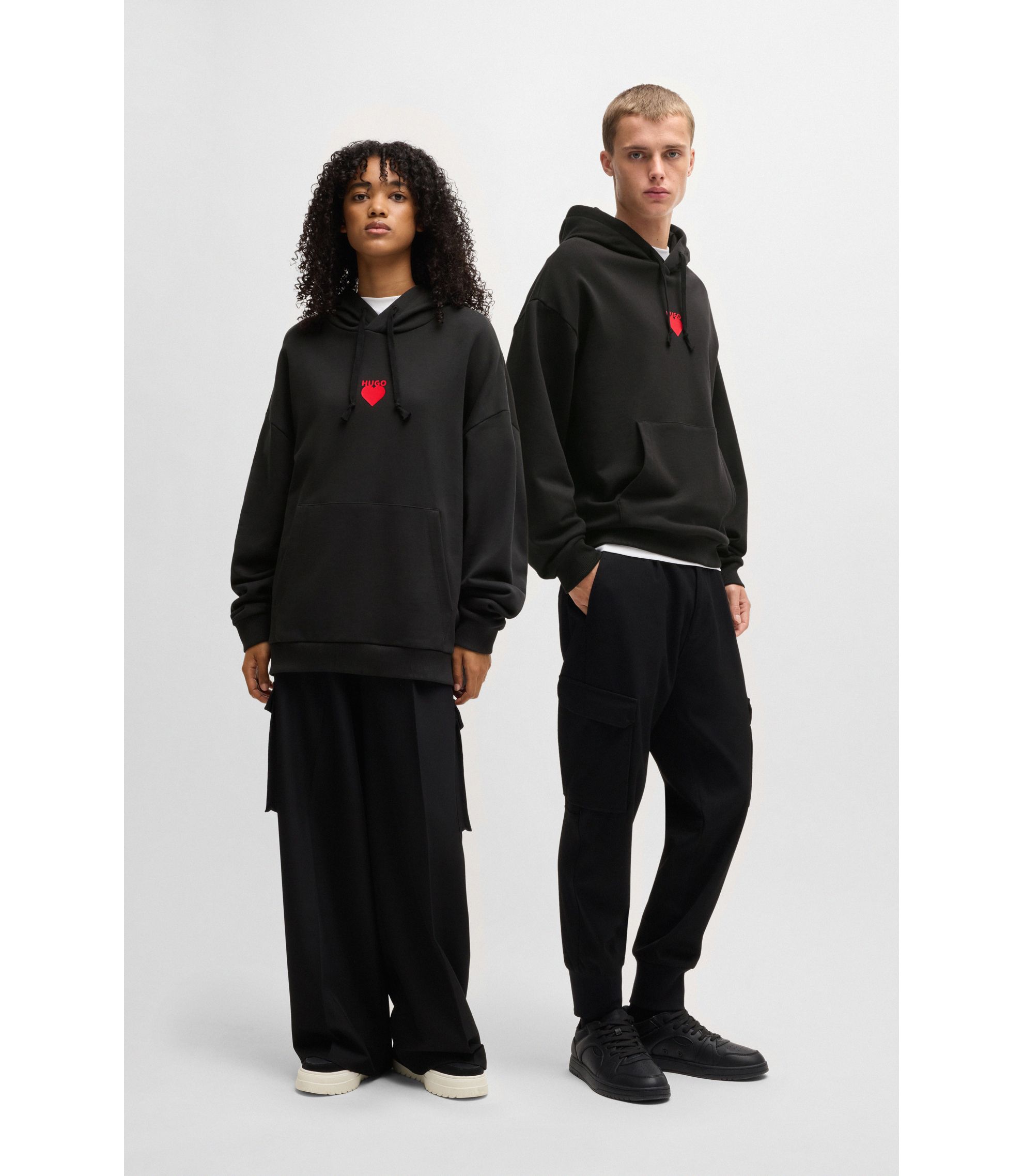 HUGO - Cotton-terry hoodie with slogan and heart graphics - Black