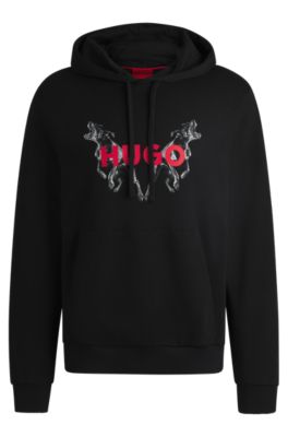 Cotton-terry hoodie with animal graphic prints, Black