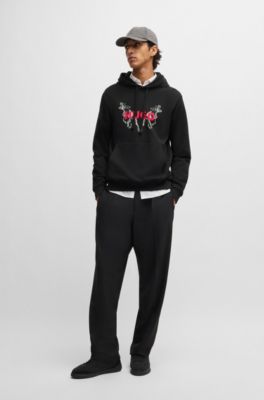 Cotton-terry hoodie with animal graphic prints, Black