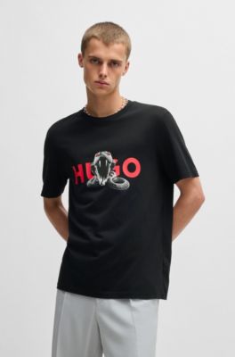 Regular-fit T-shirt in cotton with animal graphic, Black