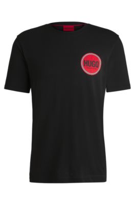 HUGO - Cotton-jersey T-shirt with racing logo print - Black