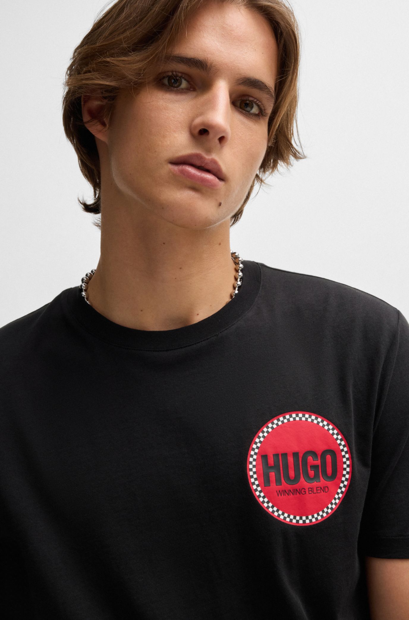 HUGO - Cotton-jersey T-shirt with racing logo print - Black