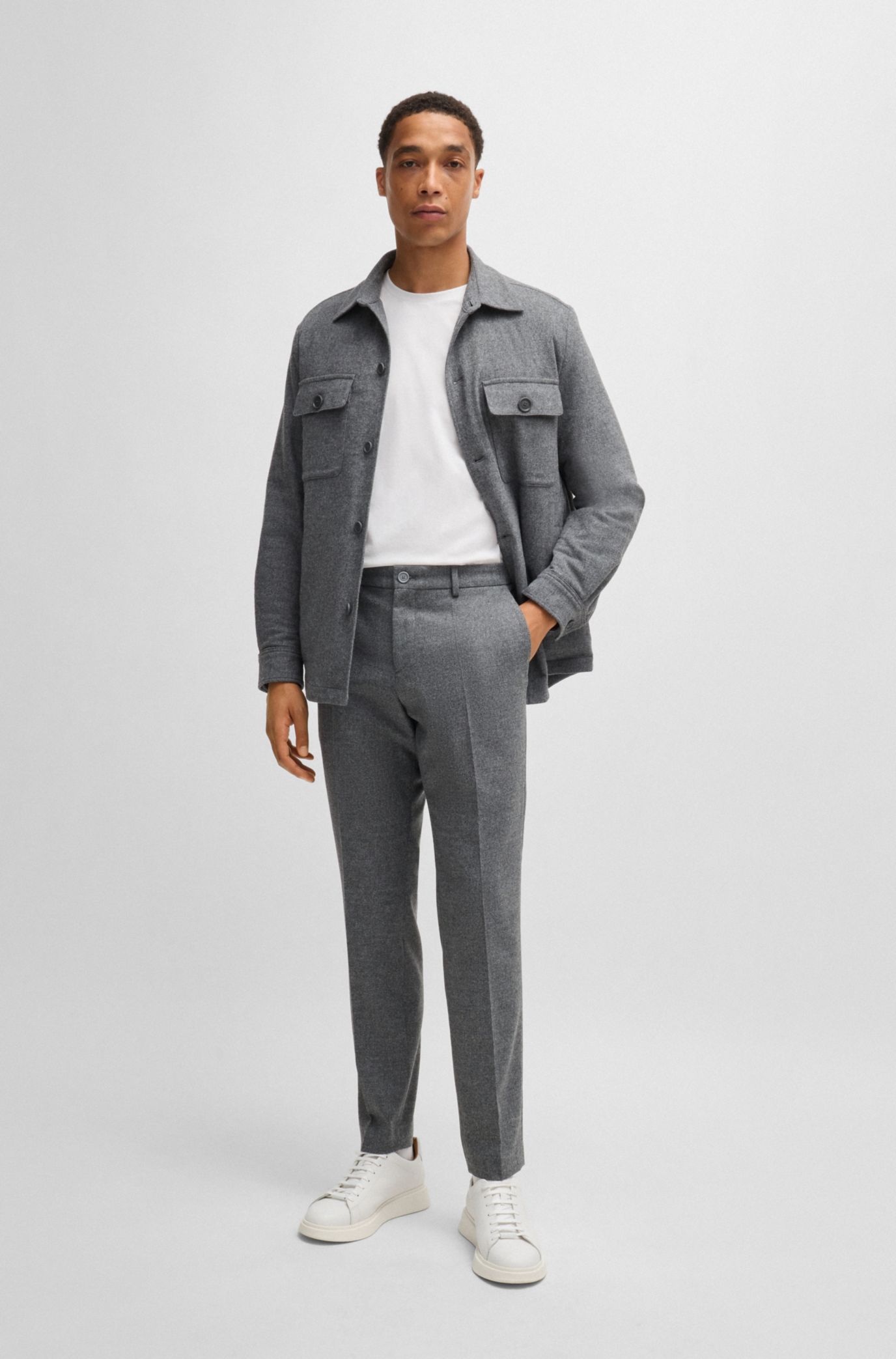 BOSS - Slim-fit trousers in stretch flannel - Silver BOSS - Slim-fit trousers in stretch flannel - Silver