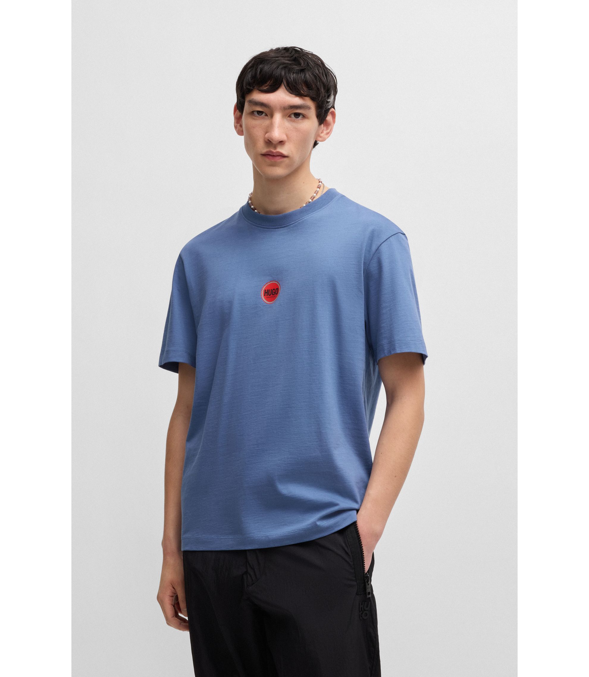 HUGO - Cotton-jersey T-shirt with racing logos - Light Blue
