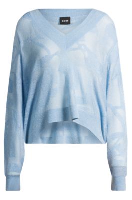 V-neck sweater in floral knitted jacquard, Light Blue