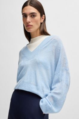 V-neck sweater in floral knitted jacquard, Light Blue
