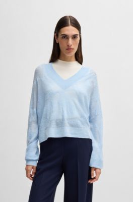 V-neck sweater in floral knitted jacquard, Light Blue