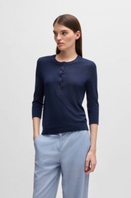 Jersey de lana merina con cuello estilo Henley, Azul oscuro