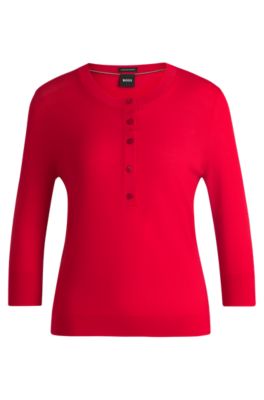 Henley-neck sweater in Merino wool, Red