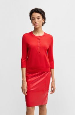 Henley-neck sweater in Merino wool, Red