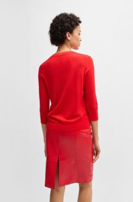 Henley-neck sweater in Merino wool, Red