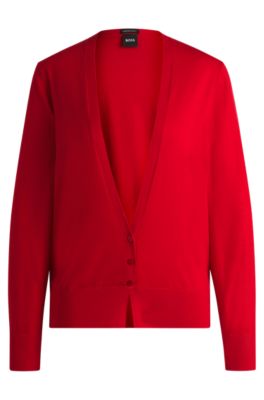 V-neck knitted cardigan in wool, Red