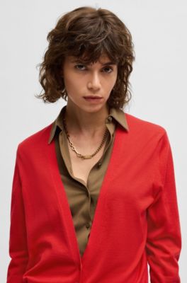 V-neck knitted cardigan in wool, Red