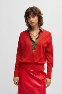 V-neck knitted cardigan in wool, Red