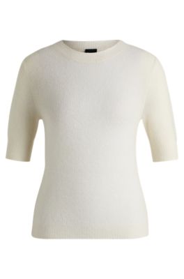 Cropped-sleeve knitted sweater in textured wool, White