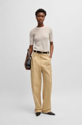 Cropped-sleeve knitted sweater in textured wool, White