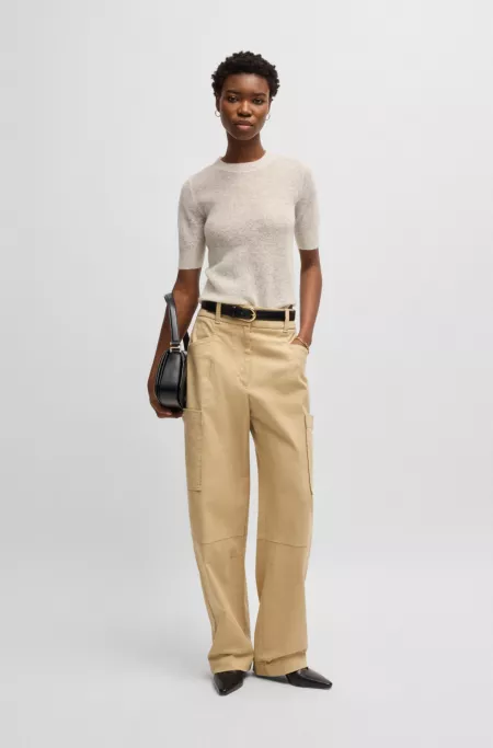 Cropped-sleeve knitted sweater in textured wool