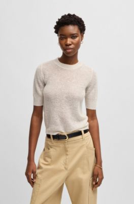 Cropped-sleeve knitted sweater in textured wool, White
