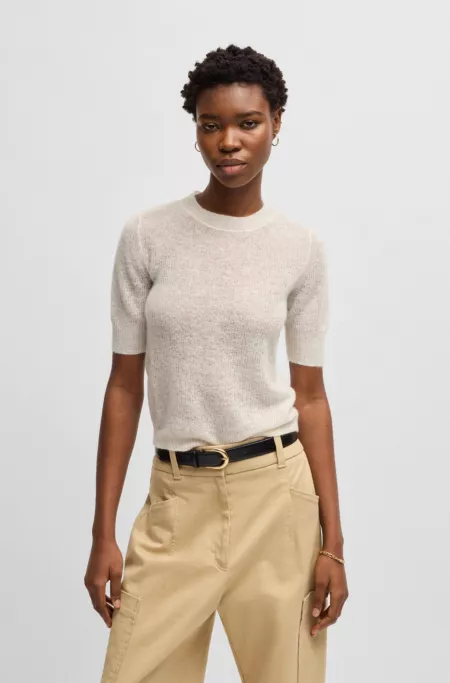 Cropped-sleeve knitted sweater in textured wool