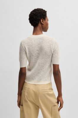 Cropped-sleeve knitted sweater in textured wool, White