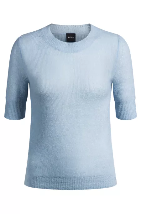 Cropped-sleeve knitted sweater in textured wool