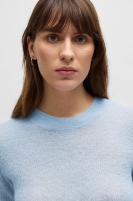Cropped-sleeve knitted sweater in textured wool, Light Blue