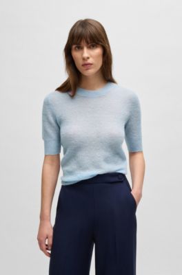 Cropped-sleeve knitted sweater in textured wool, Light Blue