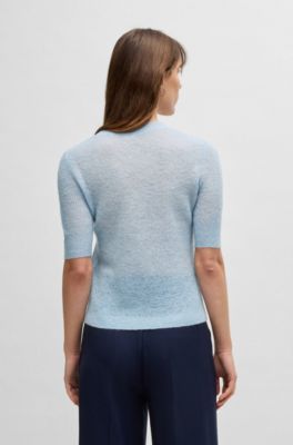 Cropped-sleeve knitted sweater in textured wool, Light Blue