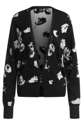 Hugo Boss Merino Wool-blend Cardigan With Tulip Jacquard In Black