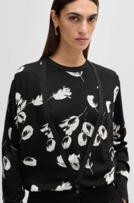 Merino wool-blend cardigan with tulip jacquard, Patterned