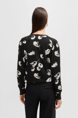 Merino wool-blend cardigan with tulip jacquard, Patterned