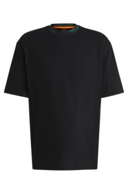 BOSS - Cotton-jersey T-shirt with jungle-artwork collar - Black