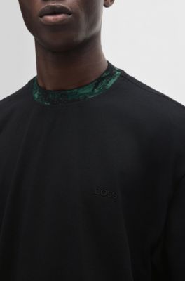 Cotton-jersey T-shirt with jungle-artwork collar, Black
