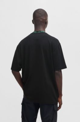 Cotton-jersey T-shirt with jungle-artwork collar, Black