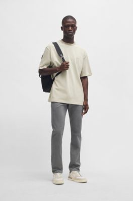 Cotton-jersey T-shirt with jungle-artwork collar, Light Beige